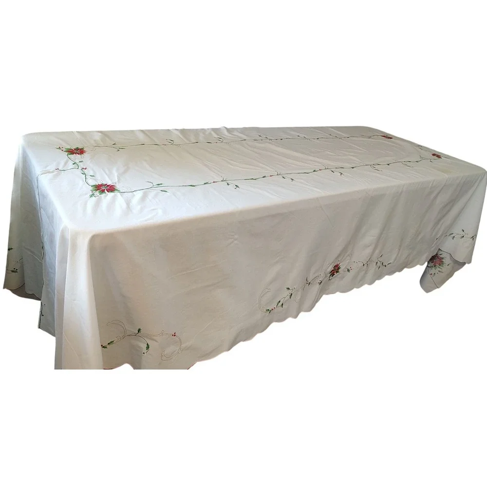 Embroidered Christmas Tablecloth Poinsettias Family Dinner Holiday 115x64 In SEE
